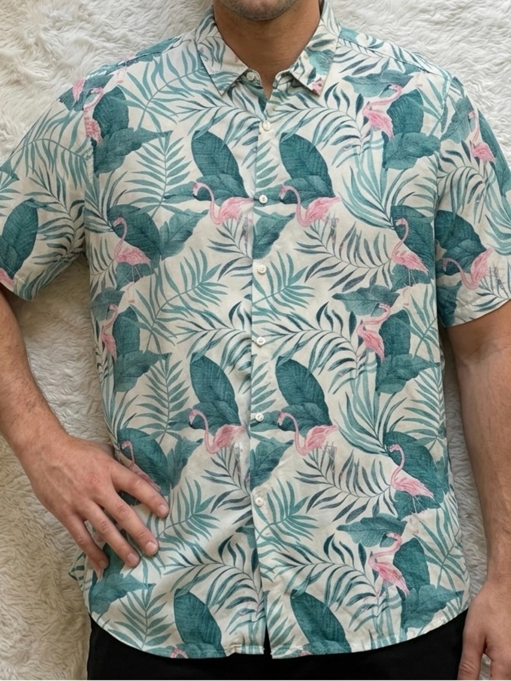 The Endless Summer Men's XXL Button Down Shirt Tropical Pink Flamingos Rayon